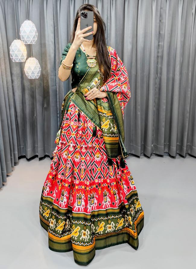 Tussar Silk Red Festival Wear Printed Lehenga Choli